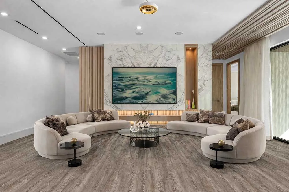 Modern Living Room Featuring Earthy Pine Lino Design Waterproof Flooring, Suitable For Residential And Commercial Spaces.