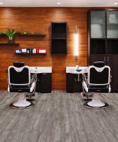 Salon interior with Earthy Pine lino design waterproof flooring, ideal for commercial and high-traffic environments.