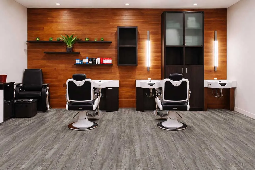 Salon Interior With Earthy Pine Lino Design Waterproof Flooring, Ideal For Commercial And High-Traffic Environments.
