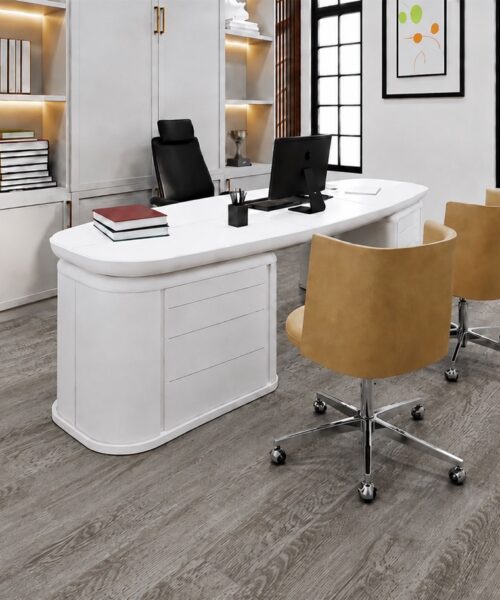 Earthy Pine Swiss-Made Natural Composite Flooring With Gray-Brown Pine Grain In A Bright Home Office.