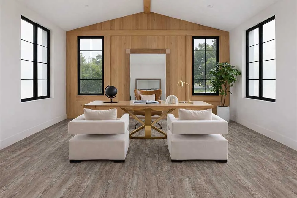 Salon Interior With Earthy Pine Lino Design Waterproof Flooring, Ideal For Commercial And High-Traffic Environments.