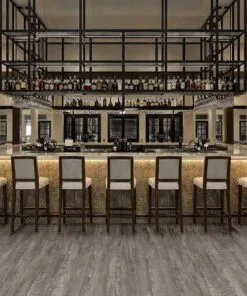 Earthy Pine Waterproof Commercial Linoleum Flooring In A High-End Bar And Lounge Interior.