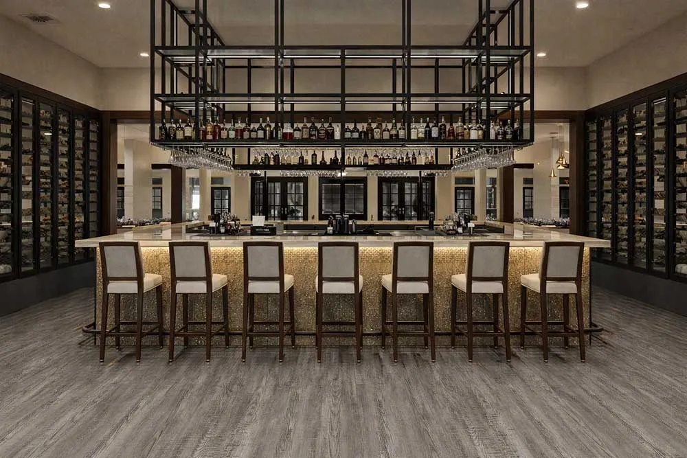 Earthy Pine Waterproof Commercial Linoleum Flooring In A High-End Bar And Lounge Interior.