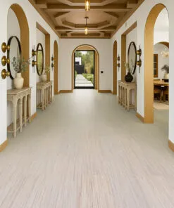 Elegant Hallway With Coffered Ceiling, Arched Doorways, And Vertical Swiss Cork Flooring Providing Soft Texture, Natural Warmth, And Sustainable Sophistication