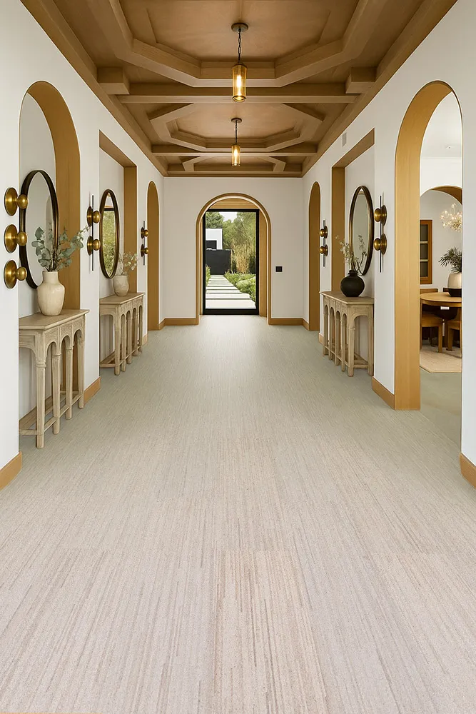 Vertical - 7/16&Quot; (11Mm) - Swiss Real Cork Floating (Fvtc11) Elegant Hallway With Coffered Ceiling, Arched Doorways, And Vertical Swiss Cork Flooring Providing Soft Texture, Natural Warmth, And Sustainable Sophistication