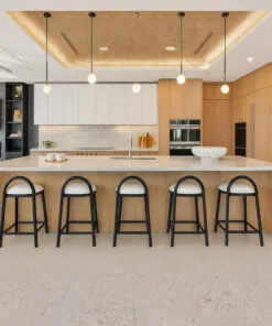 Ceramic marble cork flooring in modern kitchen with large island and seating, 12mm floating cork floor