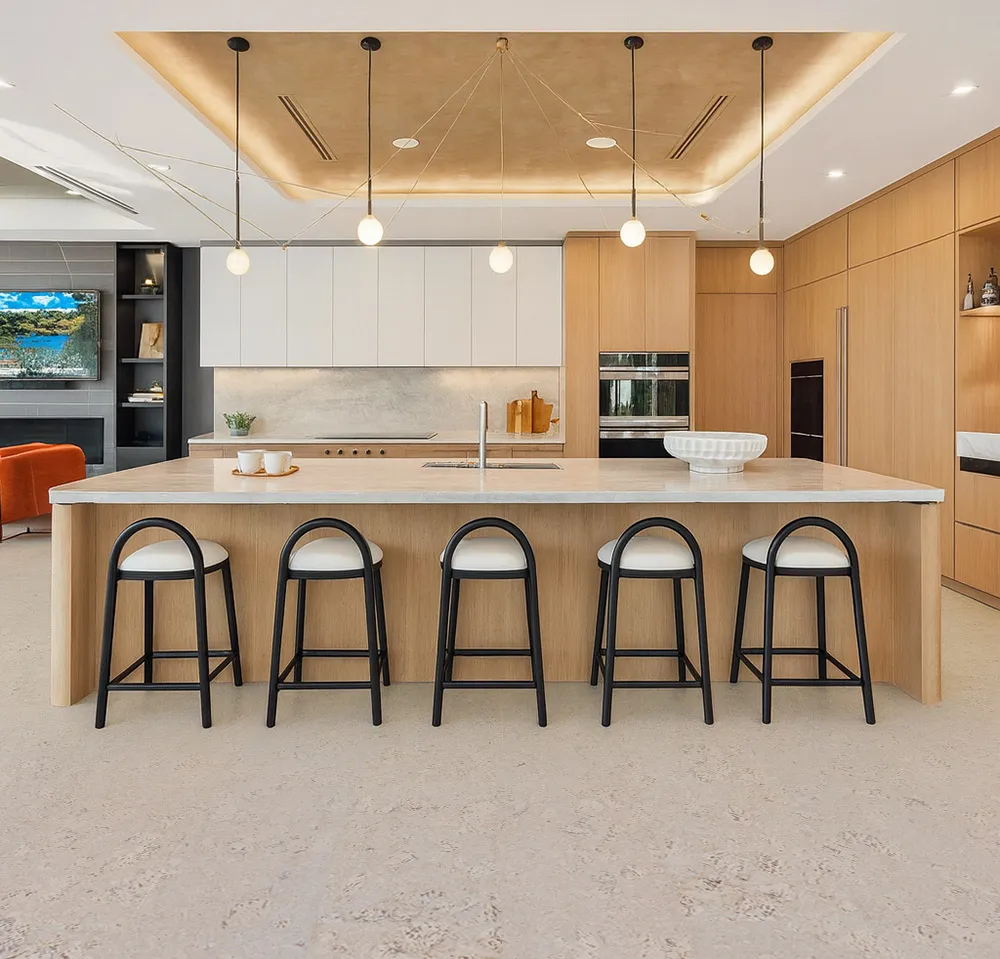 Ceramic Marble - 1/2&Quot; (12Mm) - Cork Floating (Fcm12) Ceramic Marble Cork Flooring In Modern Kitchen With Large Island And Seating, 12Mm Floating Cork Floor
