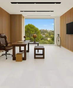 Executive Home Office With Panoramic View, Wood Slat Walls, And White Leather Cork Floor Adding Warmth And Sophistication.