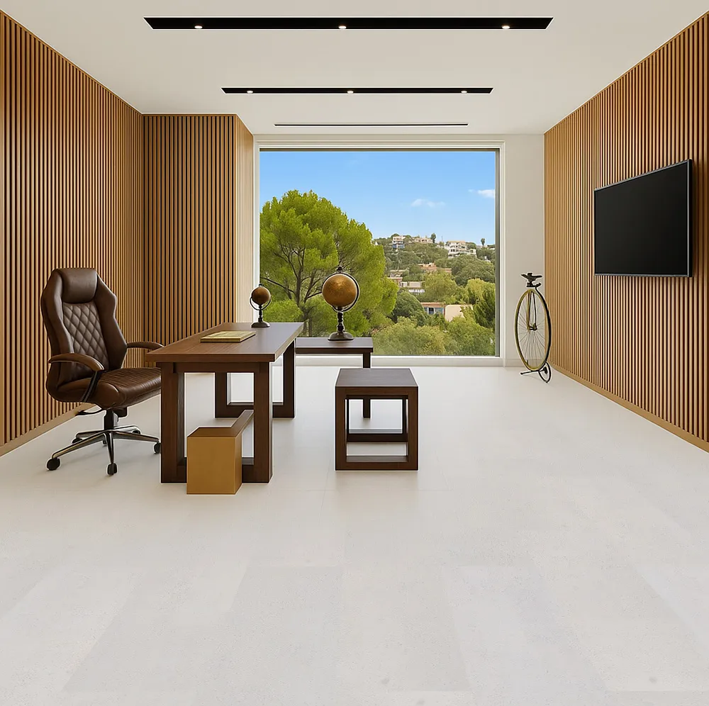 Executive Home Office With Panoramic View, Wood Slat Walls, And White Leather Cork Floor Adding Warmth And Sophistication.