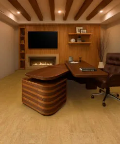 Rhythm – 7/16″ (11Mm) – Swiss Real Cork Floating (Frhy11) Luxury Bar And Lounge Interior With Rhythm Swiss Cork Floor, Modern Lighting, And Natural Wood Wall Panels.