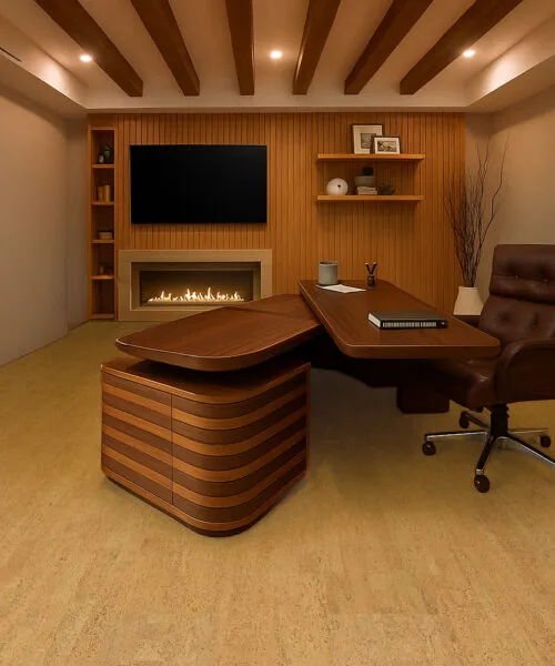 Rhythm – 7/16″ (11Mm) – Swiss Real Cork Floating (Frhy11) Luxury Bar And Lounge Interior With Rhythm Swiss Cork Floor, Modern Lighting, And Natural Wood Wall Panels.