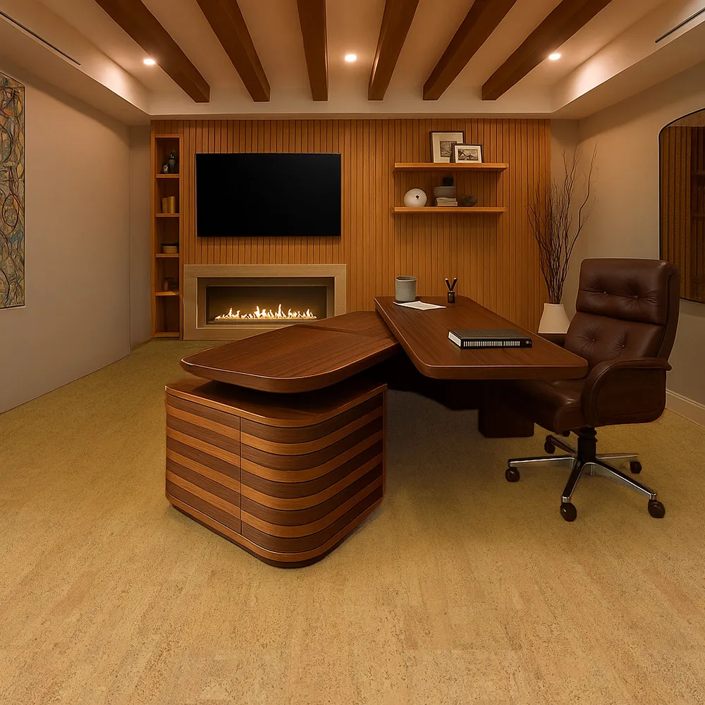 Luxury Bar And Lounge Interior With Rhythm Swiss Cork Floor, Modern Lighting, And Natural Wood Wall Panels.
