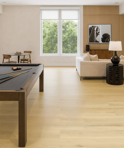 Pinewood 7/16_ (11Mm) Swiss Design Cork Floating (Fpinwo11) Spacious Family Room With Engadin Blonde Pinewood Swiss Design Cork Flooring Offering A Warm, Inviting Look And Smooth Natural Texture.