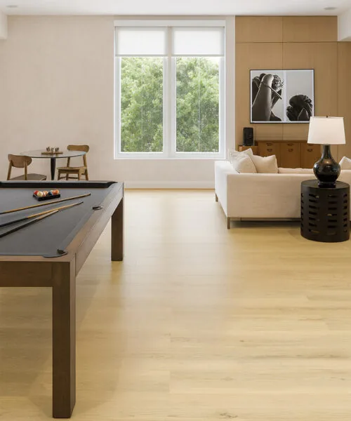 Pinewood 7/16_ (11Mm) Swiss Design Cork Floating (Fpinwo11) Spacious Family Room With Engadin Blonde Pinewood Swiss Design Cork Flooring Offering A Warm, Inviting Look And Smooth Natural Texture.