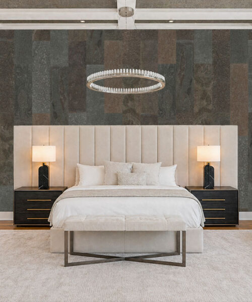 Gold Mica Slate real stone tiles used as a bedroom accent wall adding natural texture and warm tones behind upholstered bed