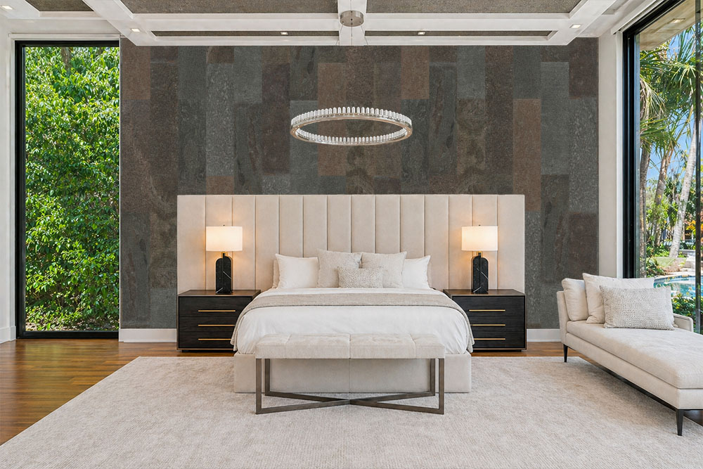 Gold Mica Slate - 7/16&Quot; (11Mm) - Swiss Real Stone (Rgms11) Gold Mica Slate Real Stone Tiles Used As A Bedroom Accent Wall Adding Natural Texture And Warm Tones Behind Upholstered Bed