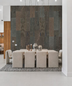 Gold Mica Slate - 7/16&Quot; (11Mm) - Swiss Real Stone (Rgms11) Gold Mica Slate Real Stone Tiles Installed As A Modern Dining Room Feature Wall With Natural Mica Shimmer And Warm Earth Tones
