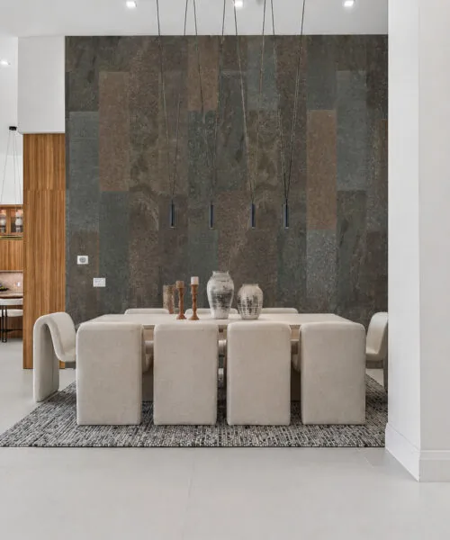 Gold Mica Slate Real Stone Tiles Installed As A Modern Dining Room Feature Wall With Natural Mica Shimmer And Warm Earth Tones