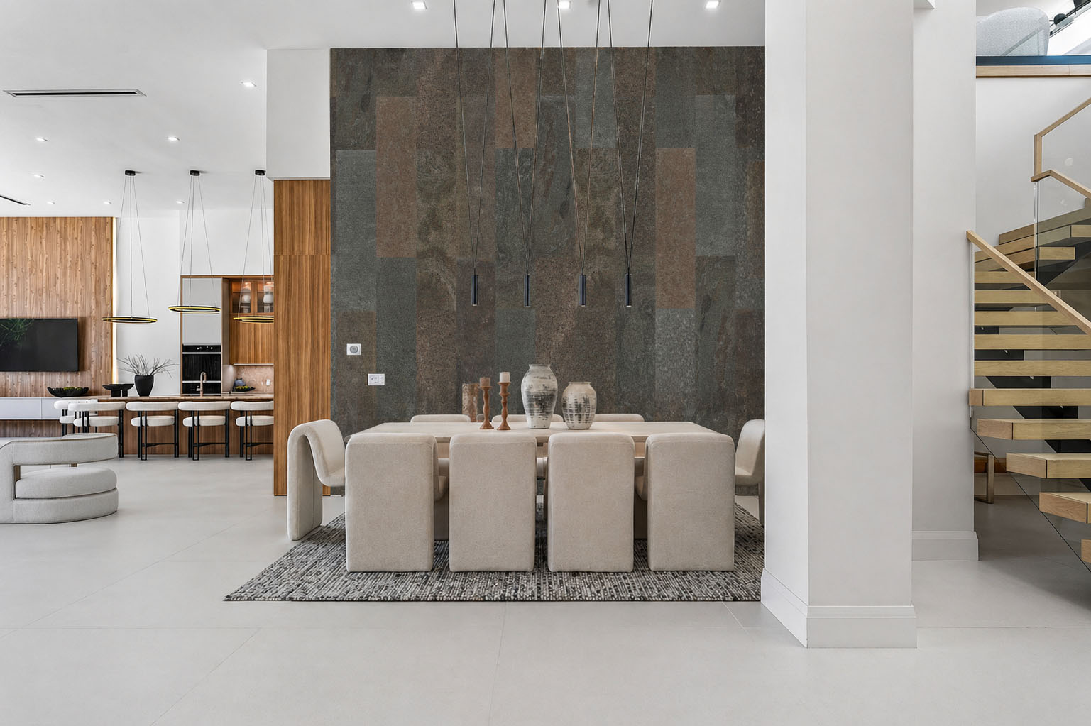 Gold Mica Slate - 7/16&Quot; (11Mm) - Swiss Real Stone (Rgms11) Gold Mica Slate Real Stone Tiles Installed As A Modern Dining Room Feature Wall With Natural Mica Shimmer And Warm Earth Tones