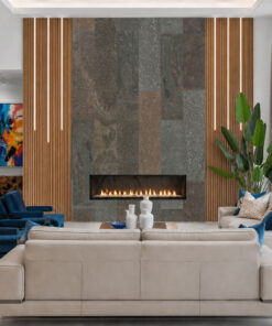 Gold Mica Slate - 7/16&Quot; (11Mm) - Swiss Real Stone (Rgms11) Gold Mica Slate Real Stone Tiles Fireplace Feature Wall Paired With Vertical Wood Slats In A Modern Luxury Living Space