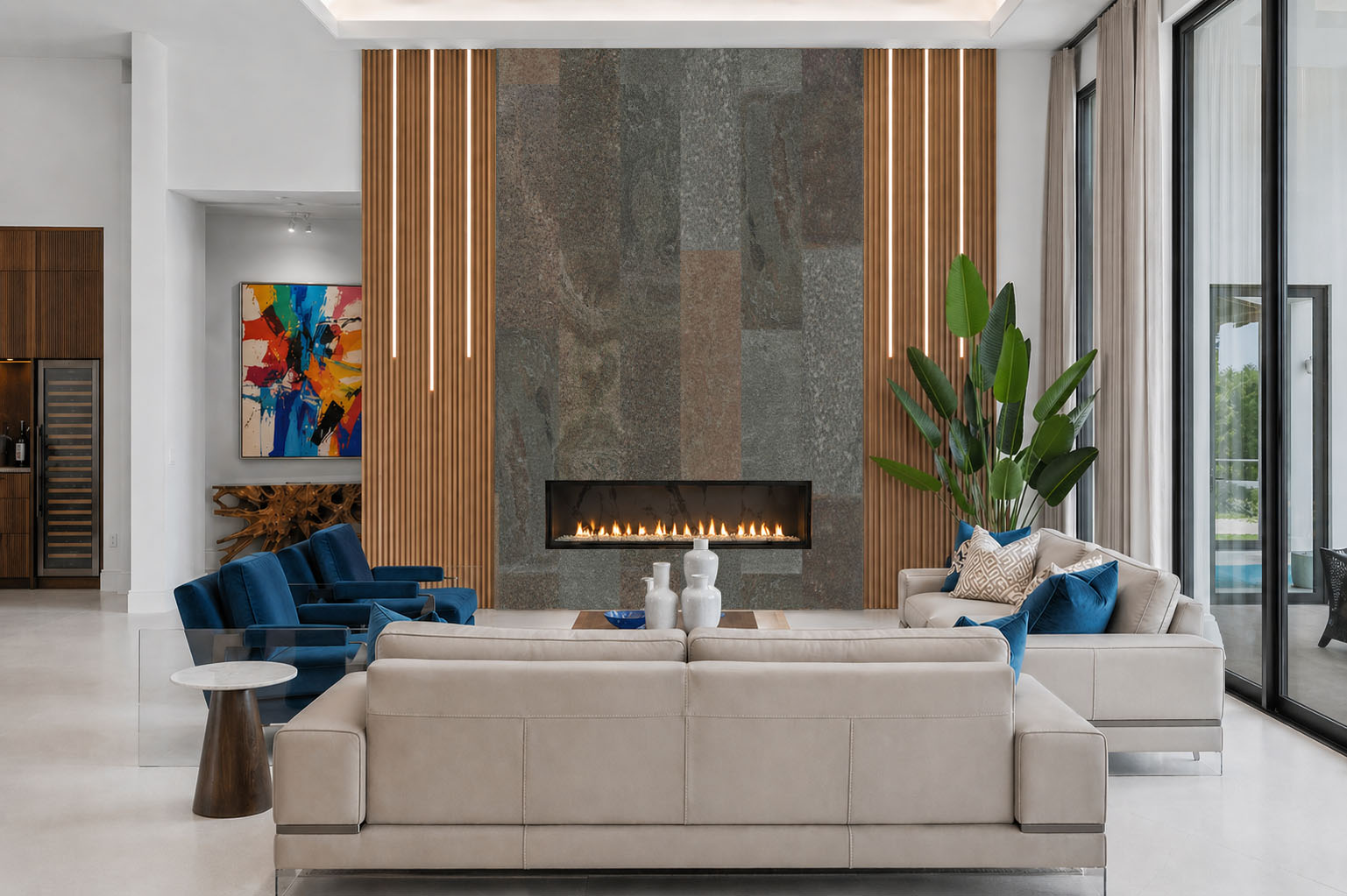 Gold Mica Slate - 7/16&Quot; (11Mm) - Swiss Real Stone (Rgms11) Gold Mica Slate Real Stone Tiles Fireplace Feature Wall Paired With Vertical Wood Slats In A Modern Luxury Living Space