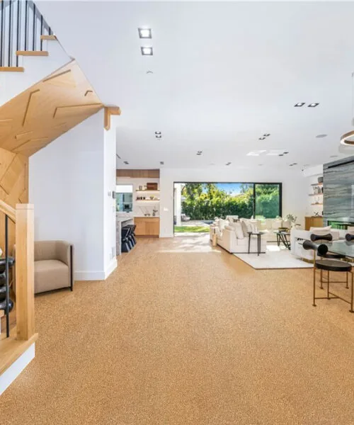 golden beach cork floor spacious modern living room fireplace stylish decor