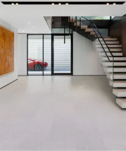 Grano - 25/64&Quot; (10Mm) - Cork Floating (Fgra10) Contemporary Entryway With Floating Staircase, Glass Railing, And Light Grano Cork Flooring Enhancing The Spacious Modern Aesthetic.