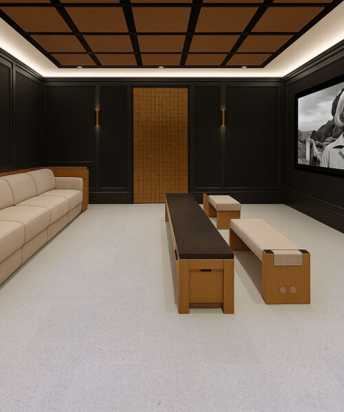 Modern Home Theater Featuring Grano Cork Flooring, Beige Sectional Seating, And Black Acoustic Wall Panels For A Warm, Quiet Atmosphere.