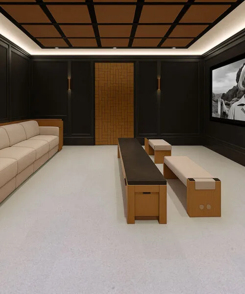 Grano - 25/64&Quot; (10Mm) - Cork Floating (Fgra10) Modern Home Theater Featuring Grano Cork Flooring, Beige Sectional Seating, And Black Acoustic Wall Panels For A Warm, Quiet Atmosphere.