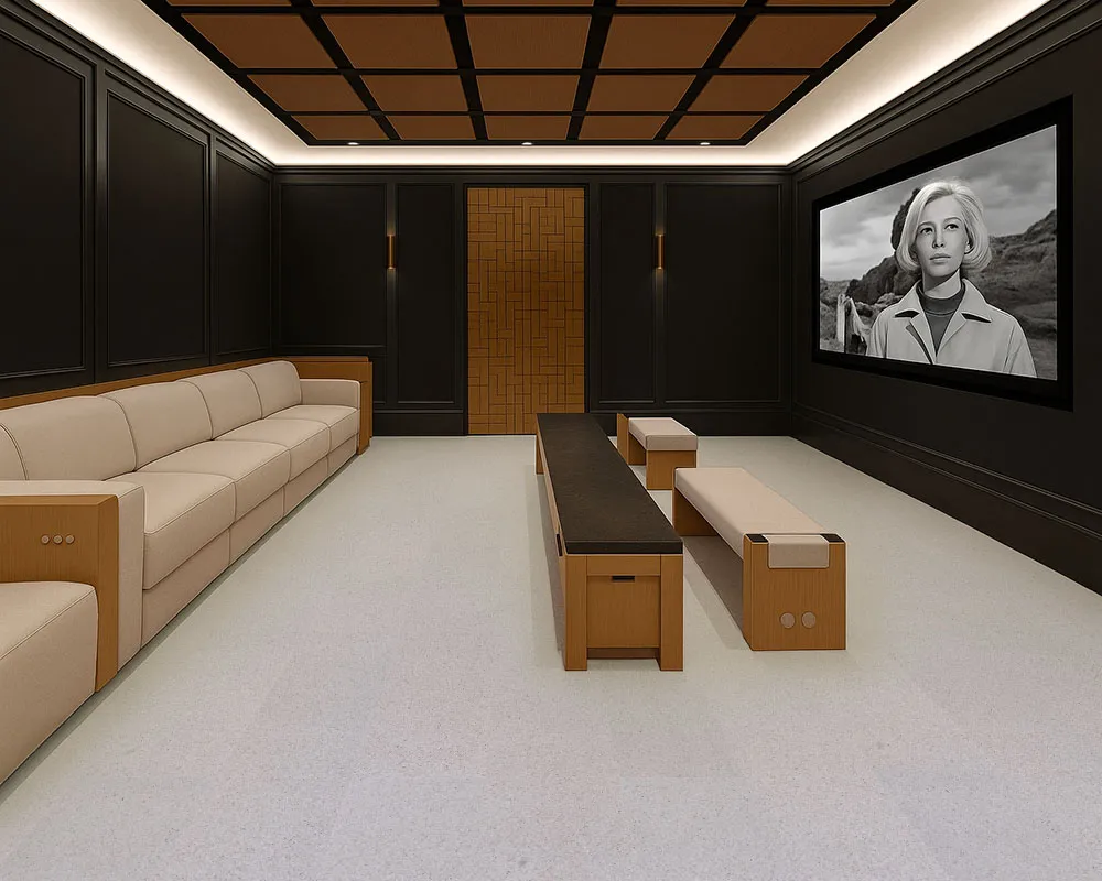 Modern Home Theater Featuring Grano Cork Flooring, Beige Sectional Seating, And Black Acoustic Wall Panels For A Warm, Quiet Atmosphere.