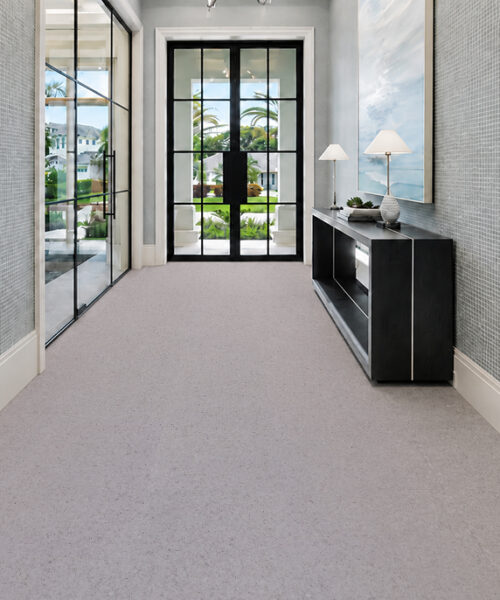 Light Gray Grano 10Mm Cork Floating Flooring With Fine Grain Lines A Modern Glass-Door Entryway.