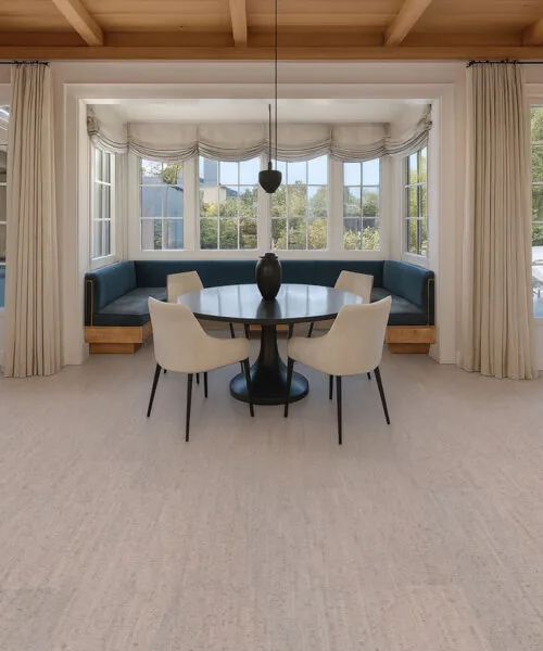 Gray Bamboo - 1/2&Quot; (12Mm) - Cork Floating (Fgb12) Bright Breakfast Nook With Round Dining Table And Cream Chairs On Gray Bamboo Cork Flooring.