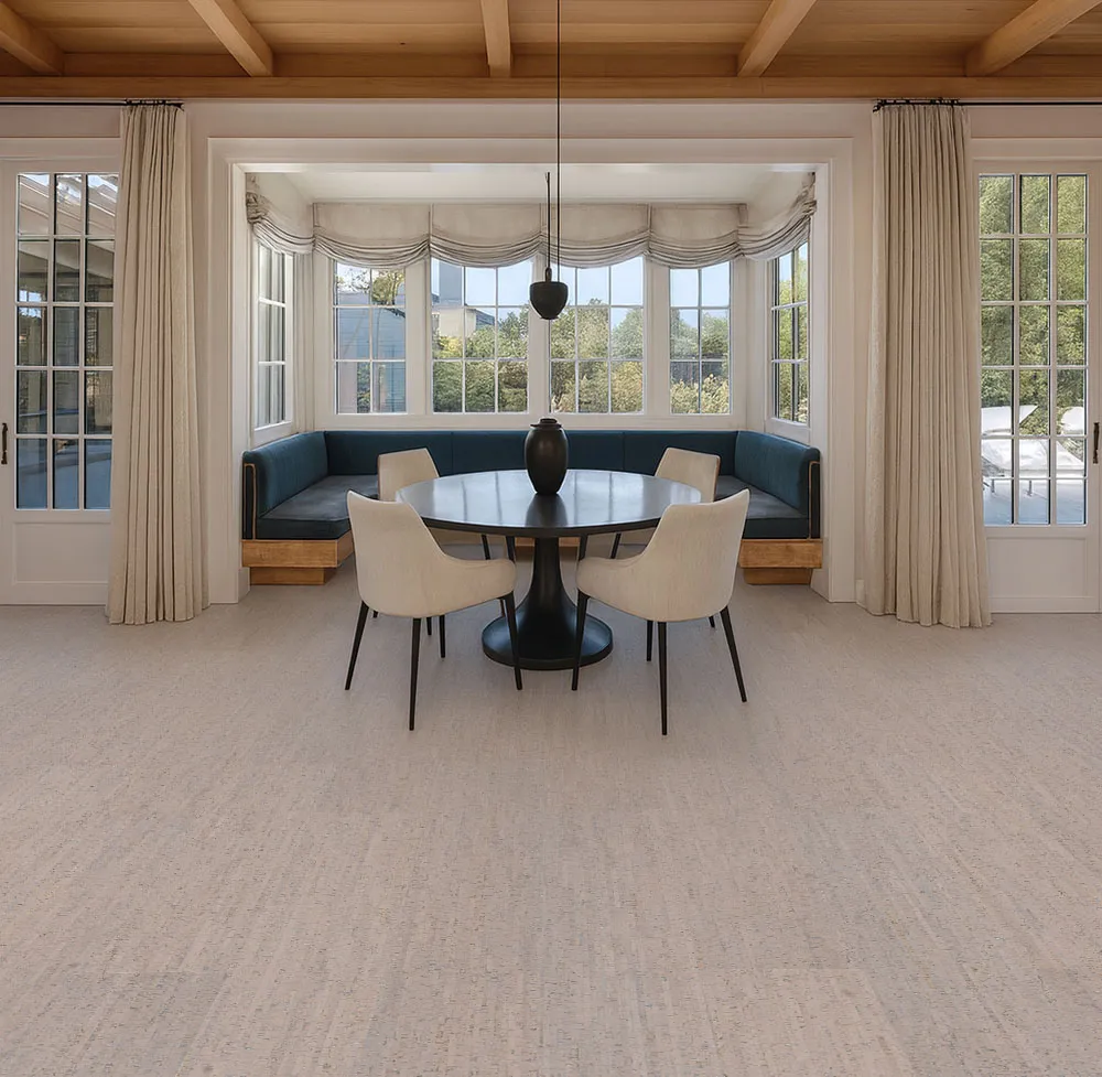 Gray Bamboo - 1/4&Quot; (6Mm) - Cork Glue Down Tile (Ggb6) Bright Breakfast Nook With Round Dining Table And Cream Chairs On Gray Bamboo Cork Flooring.