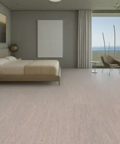 Minimalist Coastal Bedroom With Beige Bed And Ocean View, Styled With Gray Bamboo Cork Flooring