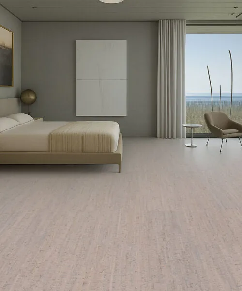 Gray Bamboo - 1/2&Quot; (12Mm) - Cork Floating (Fgb12) Minimalist Coastal Bedroom With Beige Bed And Ocean View, Styled With Gray Bamboo Cork Flooring