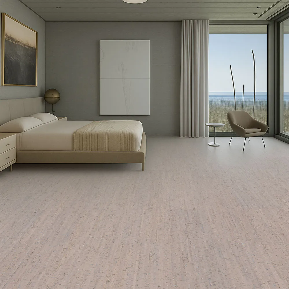 Gray Bamboo - 1/4&Quot; (6Mm) - Cork Glue Down Tile (Ggb6) Minimalist Coastal Bedroom With Beige Bed And Ocean View, Styled With Gray Bamboo Cork Flooring