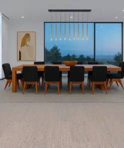 Contemporary Boardroom With Long Wood Table And Black Chairs, Designed With Gray Bamboo Cork Flooring.