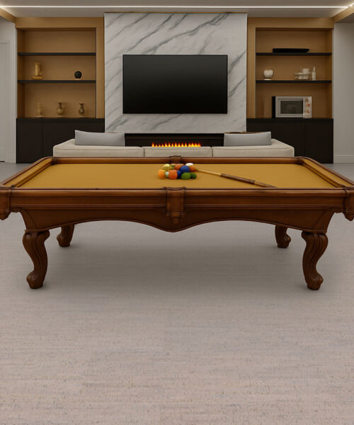 cozy entertainment room with pool table and fireplace, set on gray bamboo cork flooring.