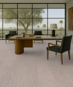 executive office with wood desk and large windows, finished with gray bamboo cork flooring.