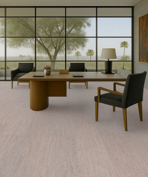 Executive Office With Wood Desk And Large Windows, Finished With Gray Bamboo Cork Flooring.