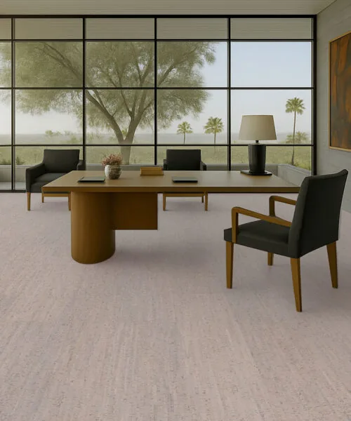 executive office with wood desk and large windows, finished with gray bamboo cork flooring.