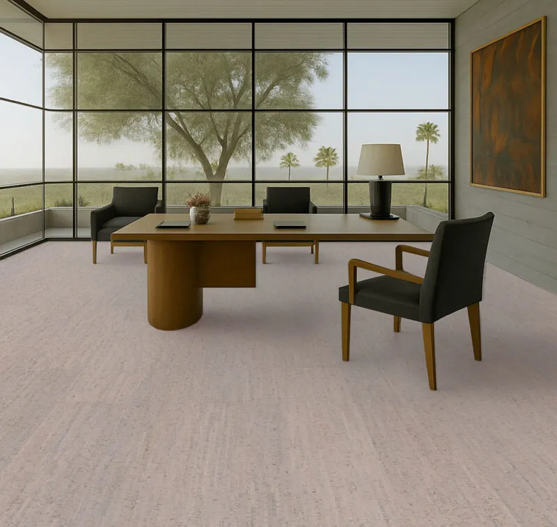 Office Flooring Options - Cork Flooring Executive Office With Wood Desk And Large Windows, Finished With Gray Bamboo Cork Flooring.