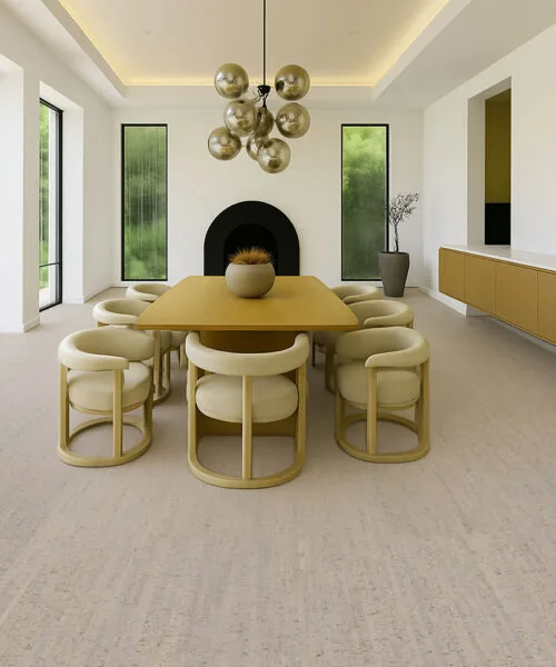 Gray Bamboo - 1/2&Quot; (12Mm) - Cork Floating (Fgb12) Modern Dining Hall With Yellow Dining Chairs And Wood Table, Installed With Gray Bamboo Cork Flooring.