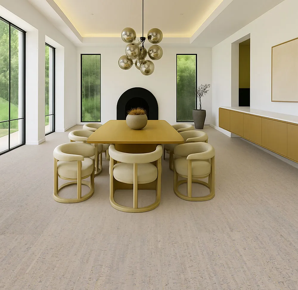 Gray Bamboo - 1/4&Quot; (6Mm) - Cork Glue Down Tile (Ggb6) Modern Dining Hall With Yellow Dining Chairs And Wood Table, Installed With Gray Bamboo Cork Flooring.