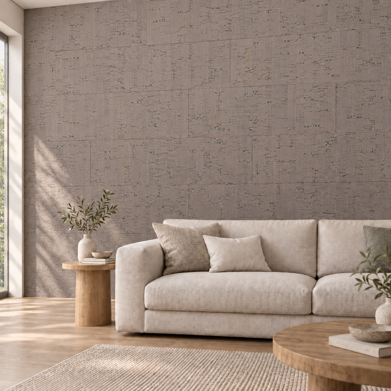 Gray Bamboo - 1/4&Quot; (6Mm) - Cork Glue Down Tile (Ggb6) Gray Bamboo Glue-Down Cork Tiles On A Living Room Accent Wall — Visualization