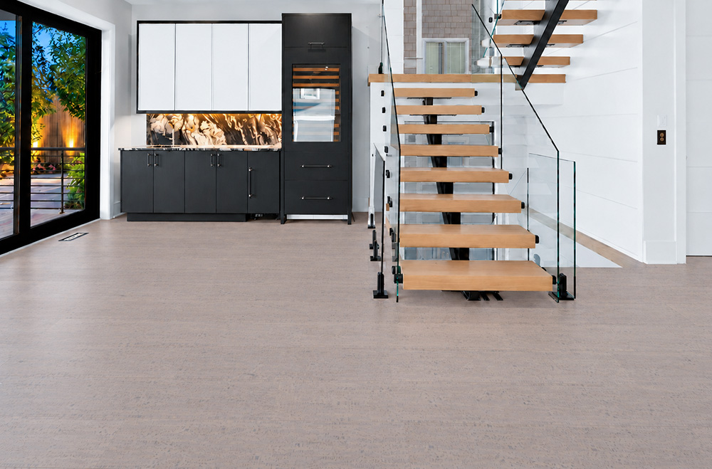 Gray Bamboo - 1/2&Quot; (12Mm) - Cork Floating (Fgb12) Gray Bamboo Warm Gray Cork Floor Planks Span A Modern Entryway With Black Cabinets And Open Staircase.