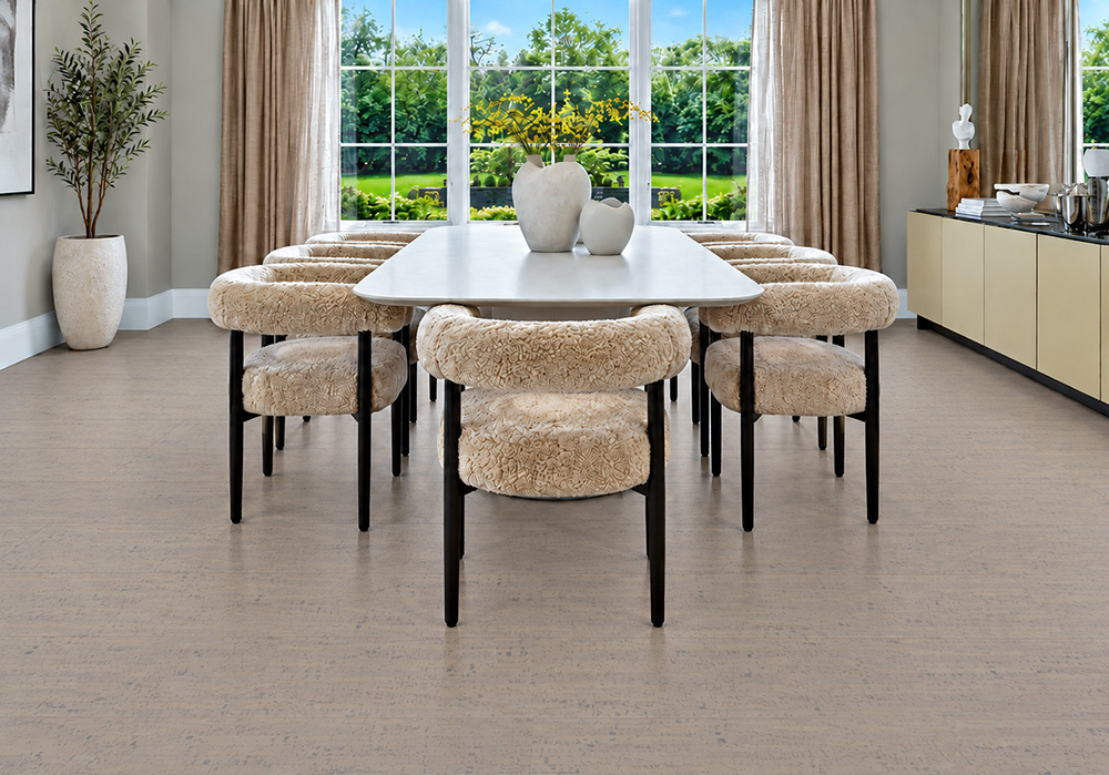 Gray Bamboo - 1/2&Quot; (12Mm) - Cork Floating (Fgb12) Gray Bamboo Warm Gray Linear-Grain Cork Flooring Complements Boucle Dining Chairs And Large Garden Windows.
