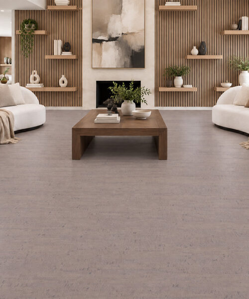 Gray Bamboo - 1/2&Quot; (12Mm) - Cork Floating (Fgb12) Gray Bamboo Warm Gray Cork Flooring Surrounds Curved Sofas And A Wood-Slat Wall In An Open Living Room.