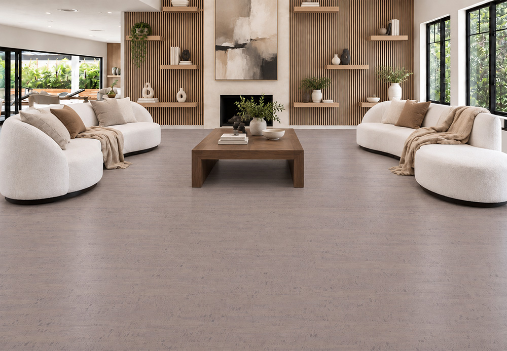 Gray Bamboo - 1/2&Quot; (12Mm) - Cork Floating (Fgb12) Gray Bamboo Warm Gray Cork Flooring Surrounds Curved Sofas And A Wood-Slat Wall In An Open Living Room.