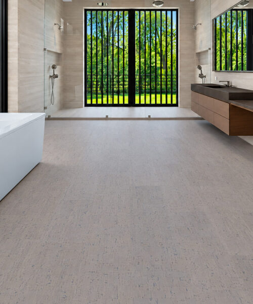 Gray Bamboo - 1/2&Quot; (12Mm) - Cork Floating (Fgb12) Gray Bamboo Warm Gray Floating Cork Flooring Extends Through A Bathroom With Freestanding Tub And Wood Vanity.